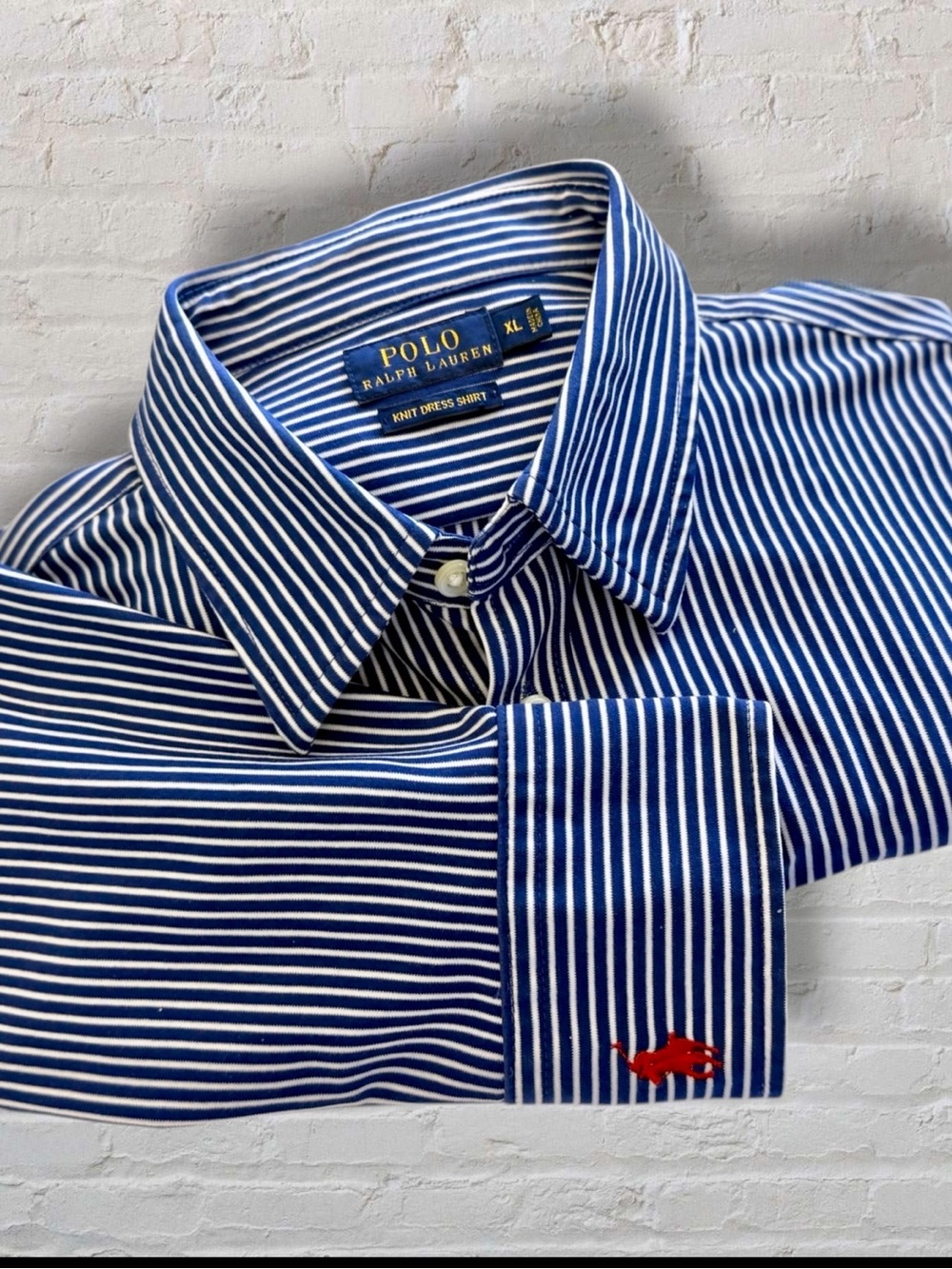 Polo Ralph Lauren Classic Fit Knit Dress Shirt Blue White Stripe Red Pony XL - Picture 5 of 14